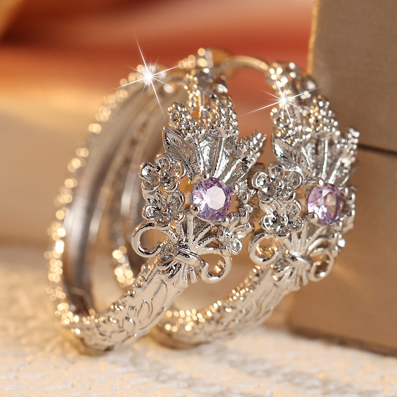 Women's Crown and Flower Shaped Stud Earrings with Purple Zirconia